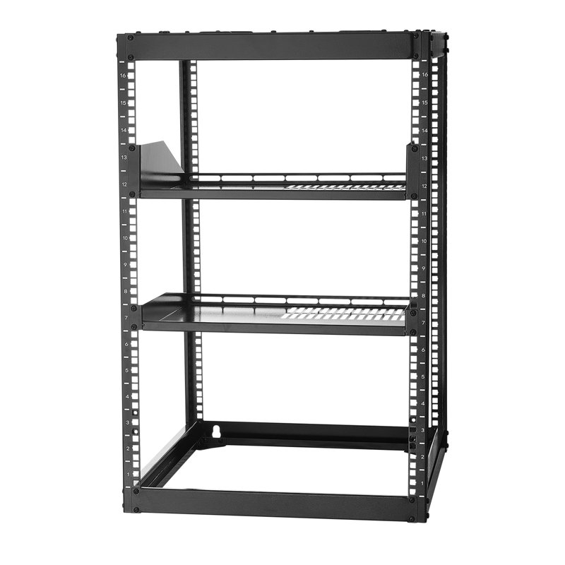Support réseau 16U, profondeur de 23 po, fixation murale ou au sol, tablettes ventilées, idéal pour les espaces de bureau de détail limités, structure ouverte à 4 poteaux robustes, avec petite configuration pour salle de classe