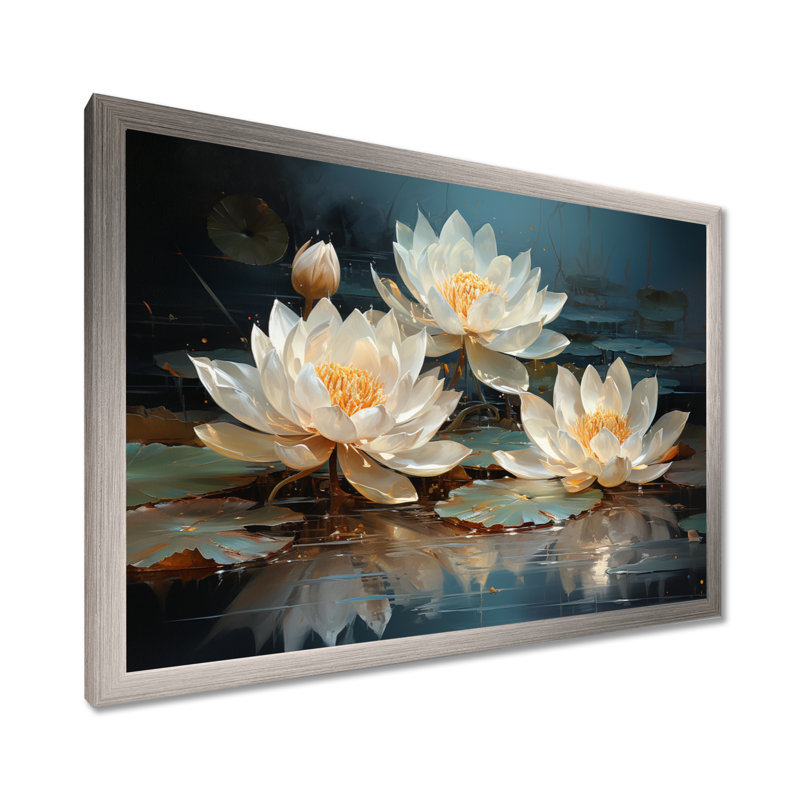 Fleurs de lotus baignées au clair de lune - Art sur toile de lotus, H 16 po x l 32 po x P 1 po, Cadre simple argenté
