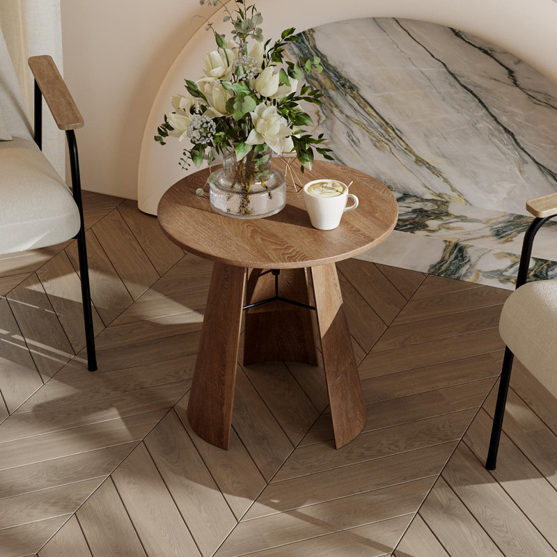 Bentwood Triangle Support Frame Round Side Table, Natural Wood