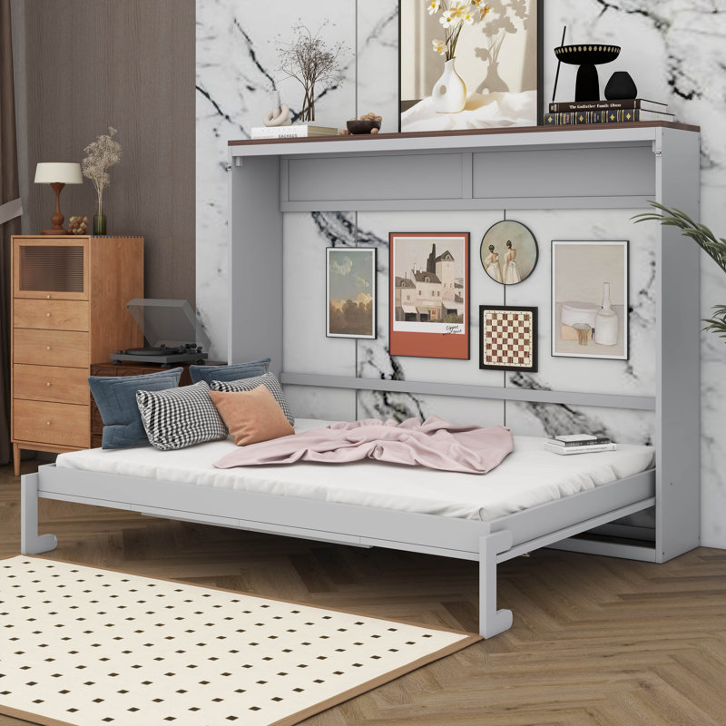 Lit escamotable horizontal avec port USB, lit escamotable mural en bois avec lattes pour chambre d'amis, bureau à domicile