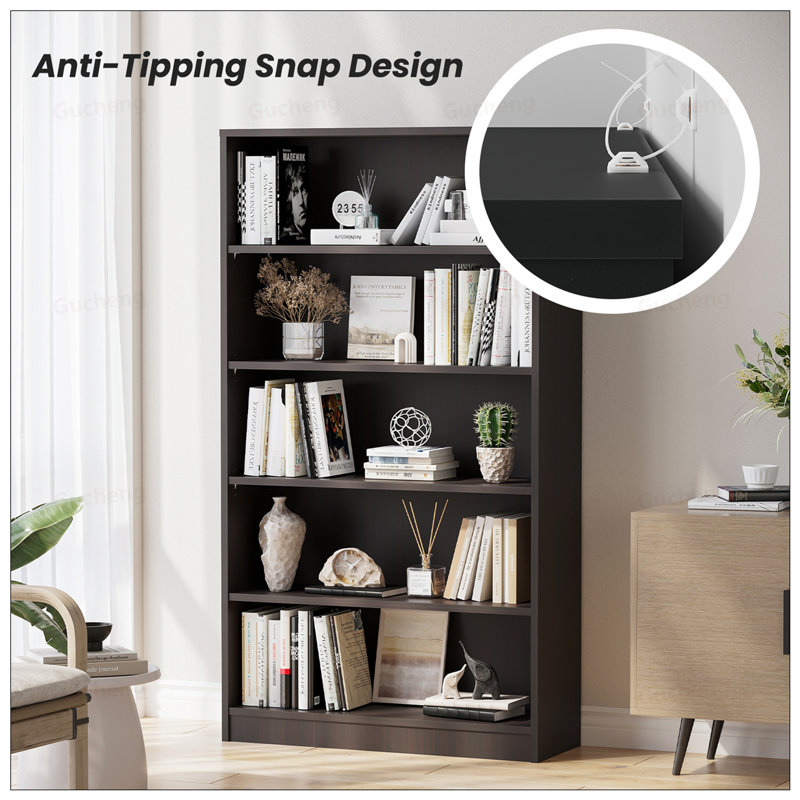 5 Shelf Modern Wood Bookshelf - 60 Inch Tall, Wide Manga And Bookcase For Bedroom And Living Room Library