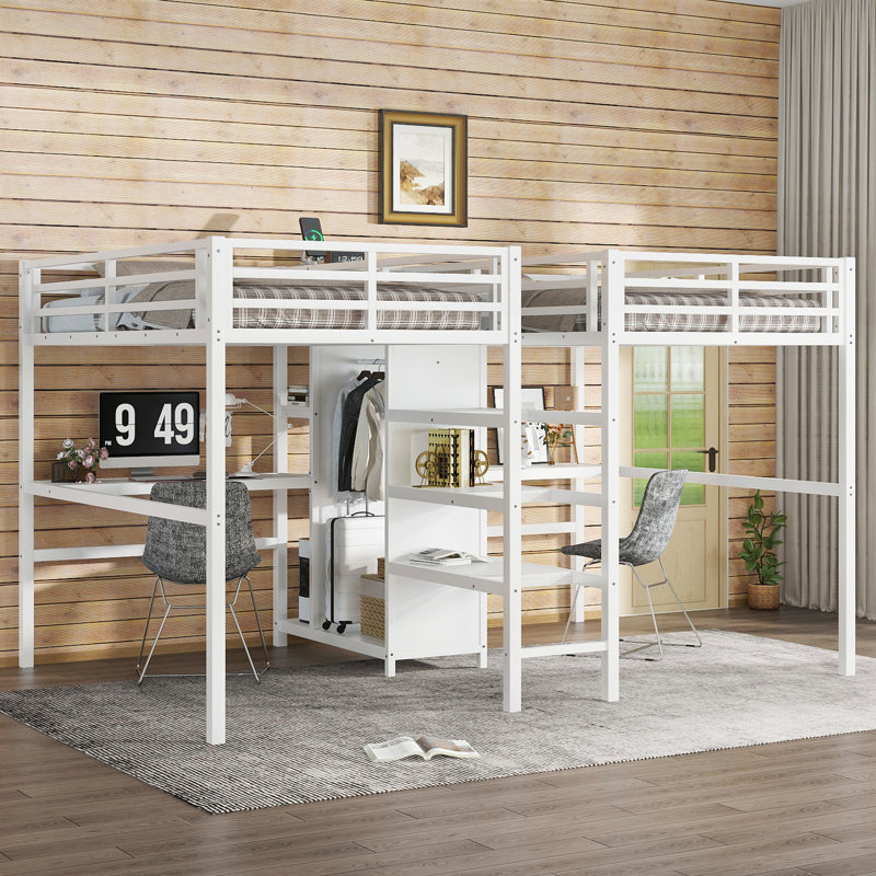 Beige White Twin Over Twin Metal Loft Bed with Double Desk, Shelves & Wardrobe Storage