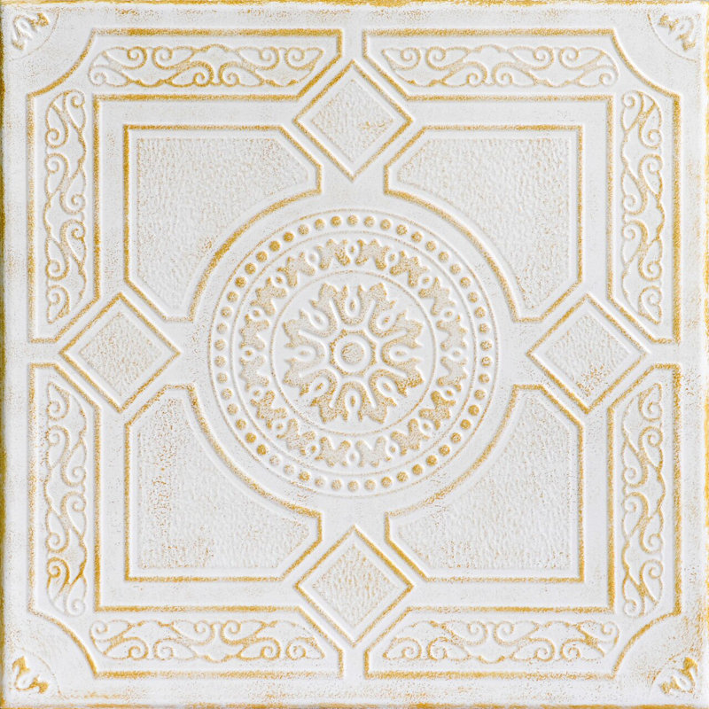 Tuile de plafond en polystyrène à coller 1,6 pi x 1,6 pi Kensington Gardens, Blanc délavé or