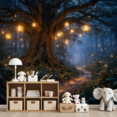 Peel and Stick Wallpaper Forest Glowing Hanging Lanterns Magical Fireflies Wall Murals 69"H x 96"W Removable PVC Wall Paper Self-Adhesive Wall Decor for Bedroom Living Room Home Office