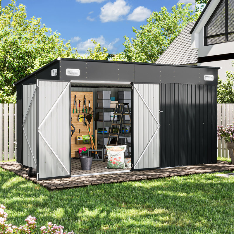 12. W X 8. D Metal Lean-to Storage Shed With Three Doors, 142.9" W X 87.6" D