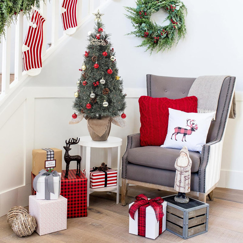 Arbre de Noël 3 pi, petit arbre de Noël, décoration d'arbre de Noël de table avec lumières blanc chaud, vert, pommes de pin, baies rouges, arbre de Noël artificiel en pot pour bureau