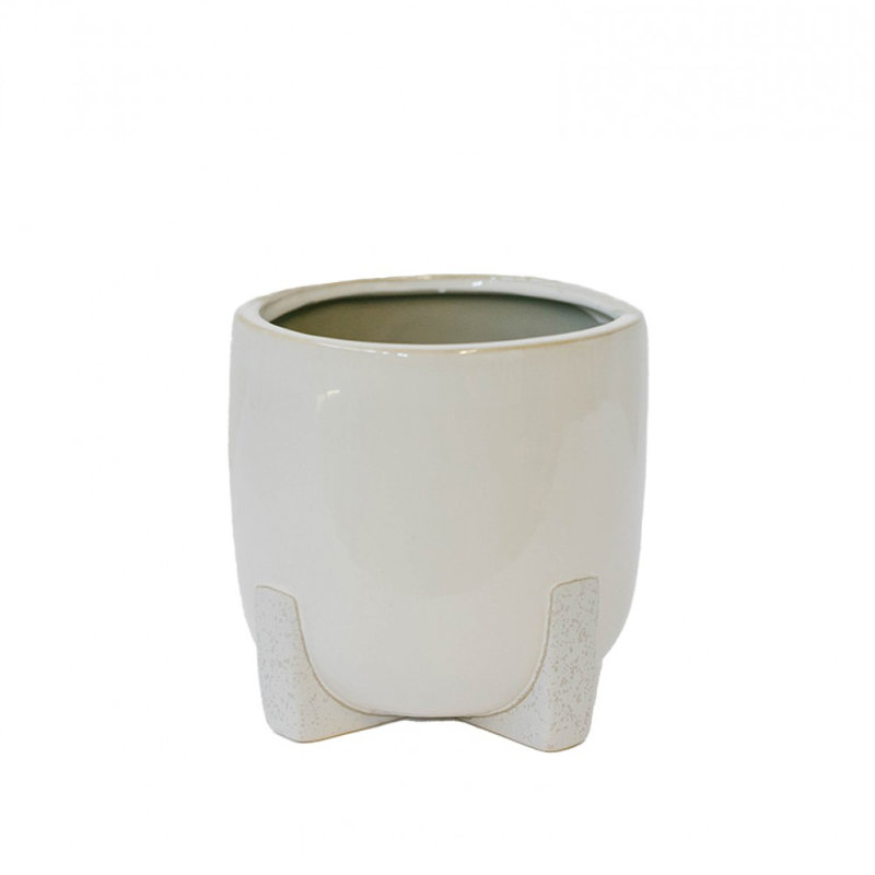 White Ceramic With Speckled Feet Planter, 5.25" H x 5.50" W x 5.50" D