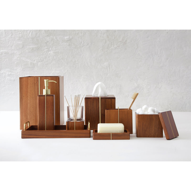 Acacia Wood and Brass Countertop Waste Basket