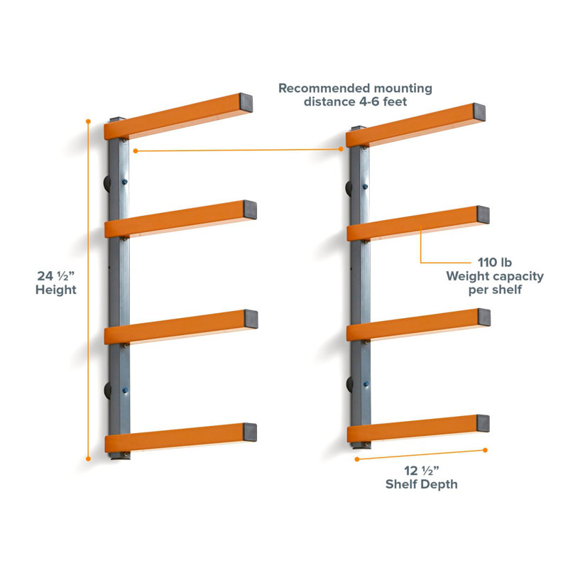 Material Rack Wall Mount Storage System And Lumber Storage Rack - PBR-0410, Orange/Grey