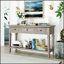 Console de style rétro classique avec trois tiroirs supérieurs et une tablette inférieure ouverte, facile à assembler (gris délavé)-1176669676