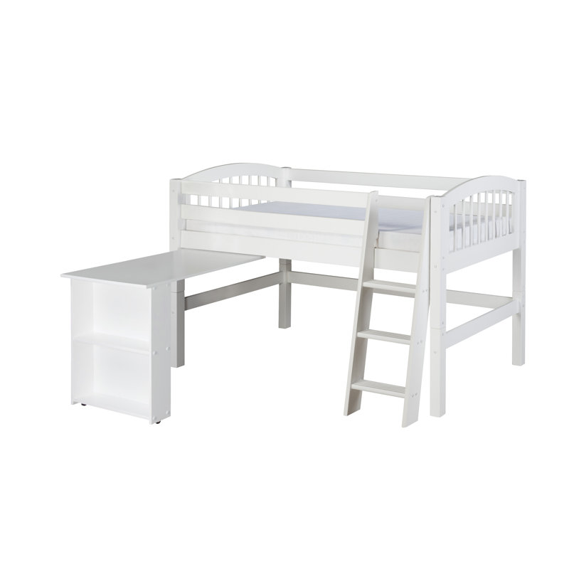 Lit mezzanine simple en bois massif avec bureau intégré Friedemar, Blanc