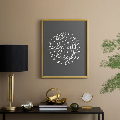 «All is Calm, All is Bright», reproduction encadrée gris foncé - bois massif