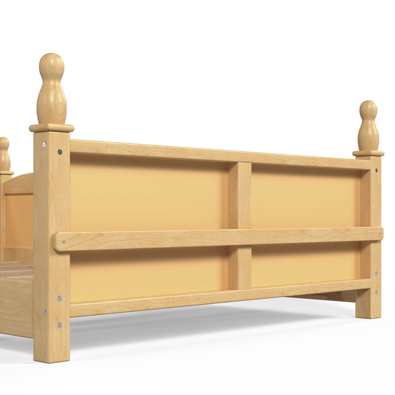 Lit double Montessori avec garde-corps pleine longueur et bibliothèque latérale, lit bas pour enfant avec rangement - Naturel