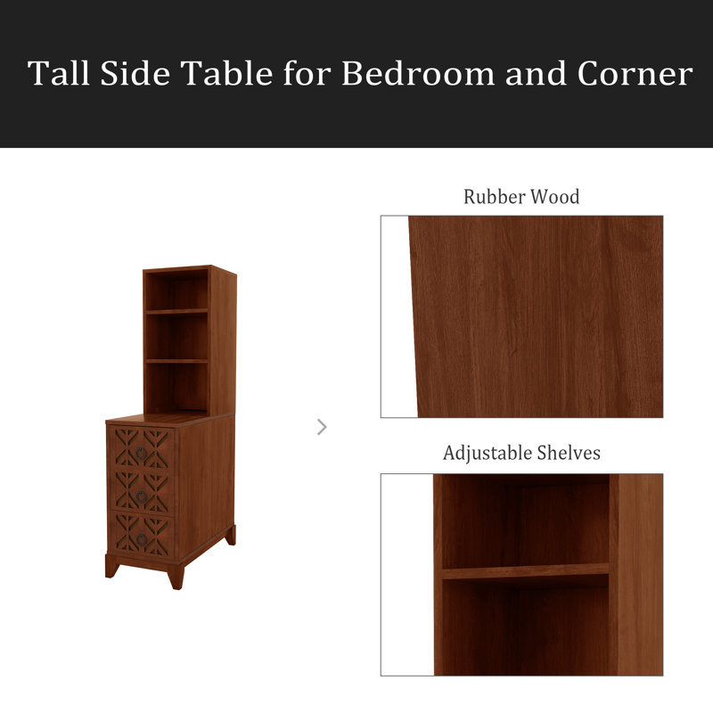 End Table With 3 Drawers, Corner Table With 2 Open Shelves, Tall Side Table For Bedroom And Corner, Natural