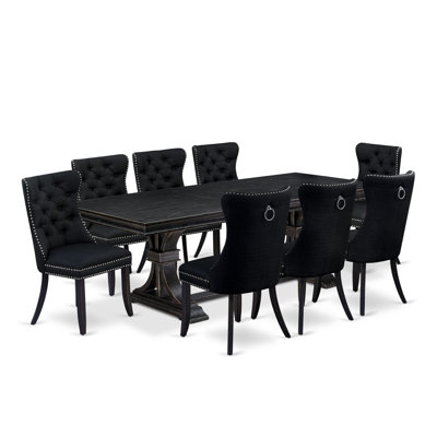 9-piece modern dining set consists of a dinner table and 8 Black Polyester Fabric kitchen chairs with Button Tufted Chair Back - Sand Blasting Black Finish.