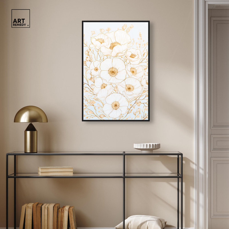 «White and Gold Poppies II», art floral élégant par , H 31 po x l 21 po, Cadre flottant noir