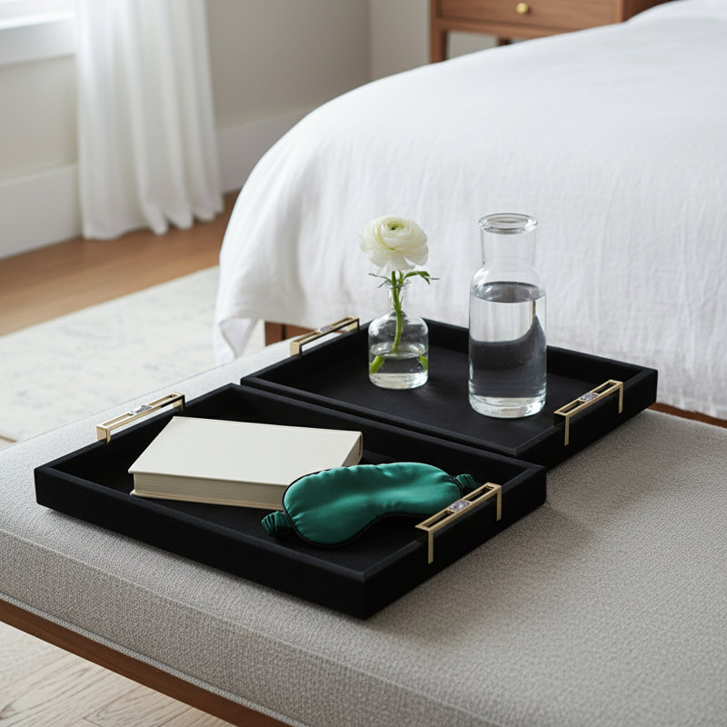 Modern Rectangular Accent Tray With Metallic Handles - Decorative Coffee Table Tray For Home Decor Or Ottoman Styling - Set Of 2, 20", Black