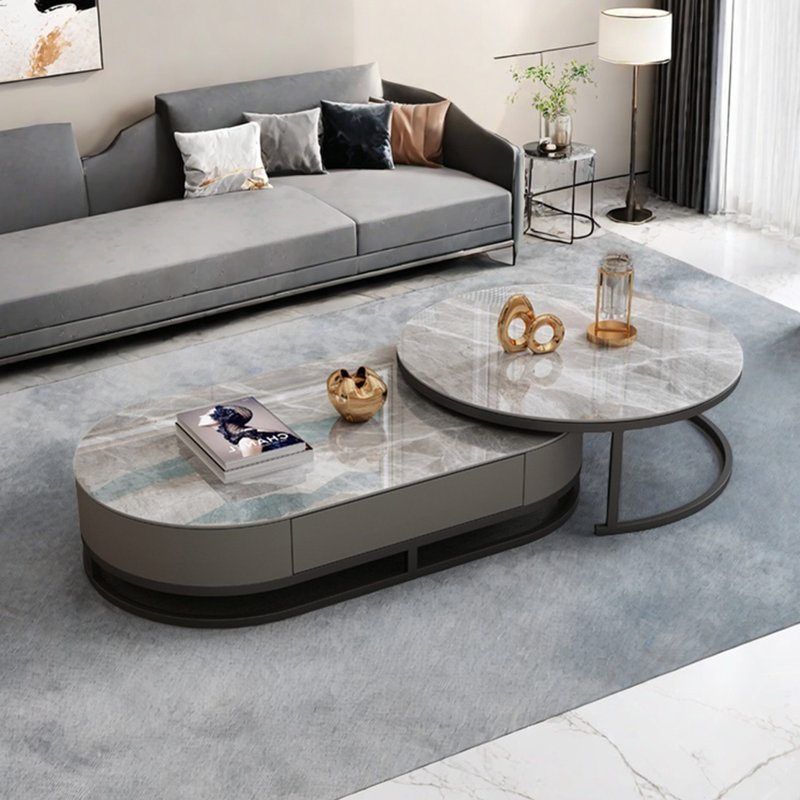 Ensemble de tables basses ovales, H 12,6 po x L 47,2 po x l 23,6 po, Beige/bleu