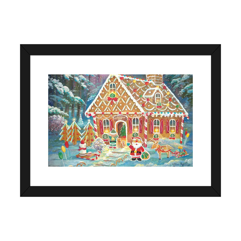 «Santa's Ginger Workshop» par Ruane Manning - reproduction d'art, H 24 po x l 16 po x P 1 po, Papier encadré noir, Blanc