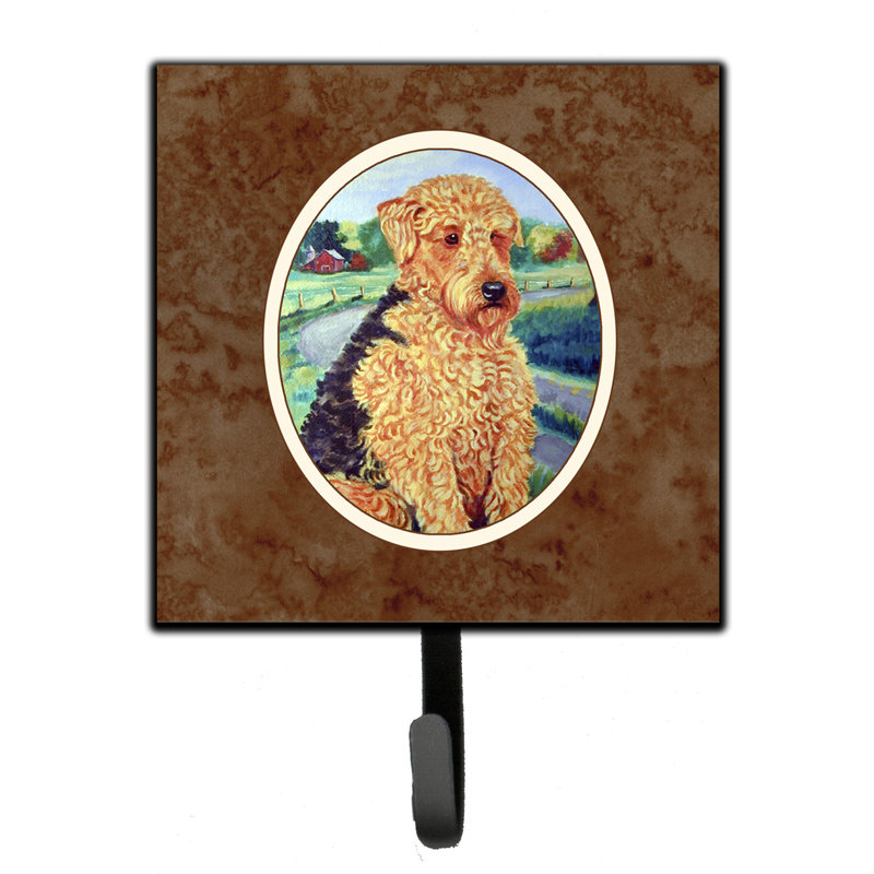 Pelin Metal Wall Organizer with Key Hooks, Green/Brown/Blue, Airedale Terrier