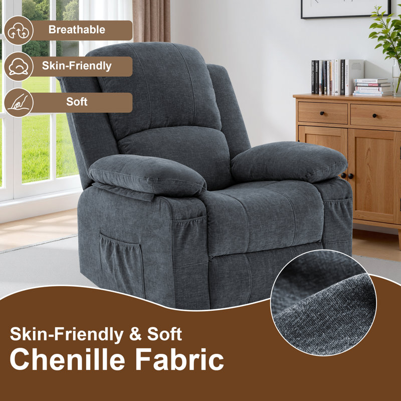 Fauteuil inclinable, chaises berçantes inclinables avec massage et chauffage pour le salon, tissu chenille, Gris foncé