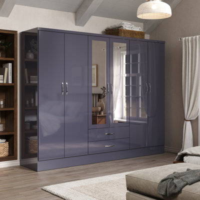 Gaytes Modern 6-Door Wardrobe 72.12'' H - 90.7'' W Armoire Bedroom Clothing Cabinet with 2 Lower Storage Drawers and 2 Mirrors High Gloss Finish