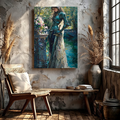 Reproduction d'art sur toile Warrior Princess Armor Garden Lake, fantaisie, peinture florale pour salon, chambre à coucher, couloir, entrée et galerie, décoration murale