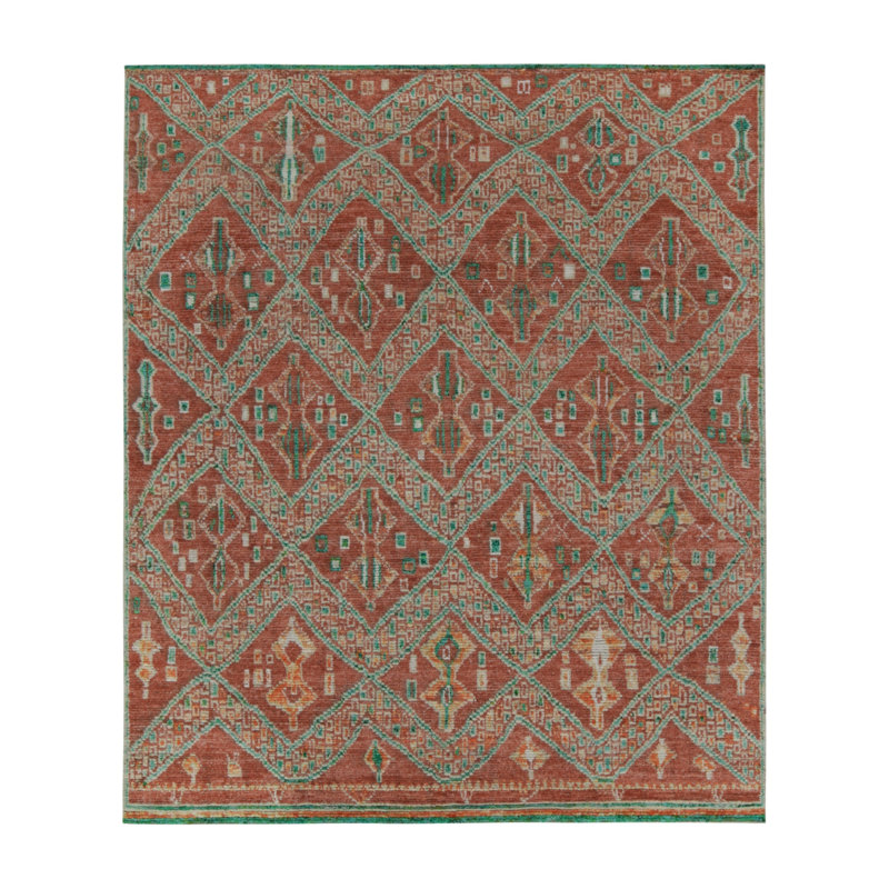 Moroccan Hand Knotted Geometric Area Rug in Red, Green, Orange, Teal, Rectangle 4' x 6'