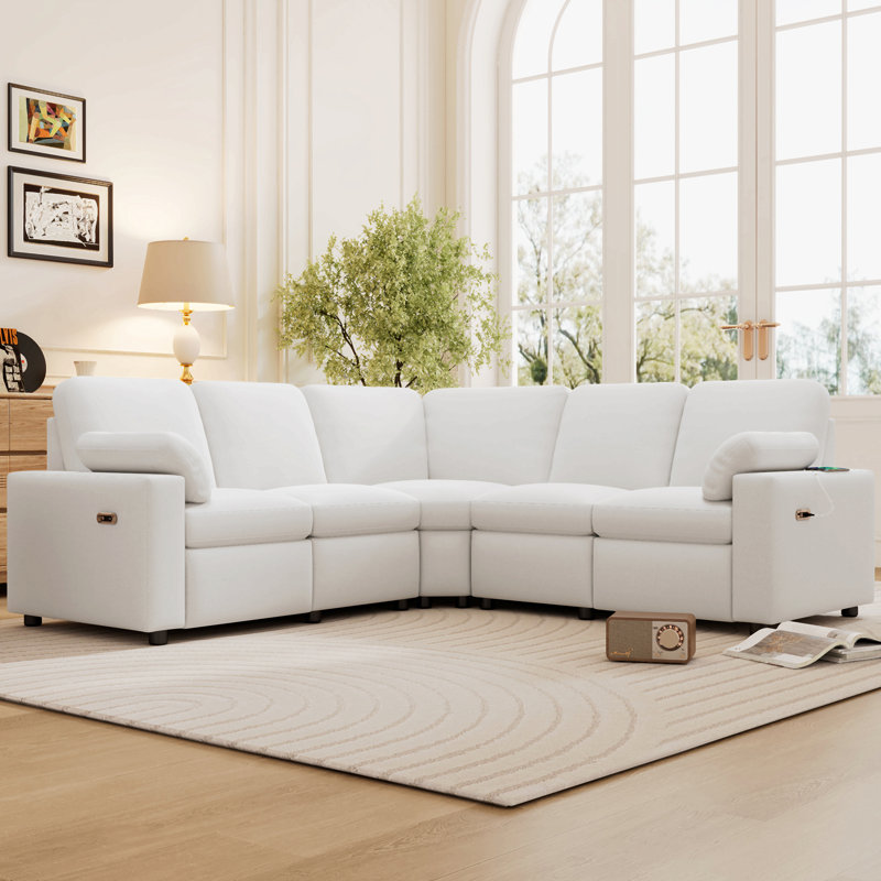 Canapé modulaire inclinable électrique de 89 po avec deux ports USB et deux tiroirs de rangement pour le salon, Lin beige