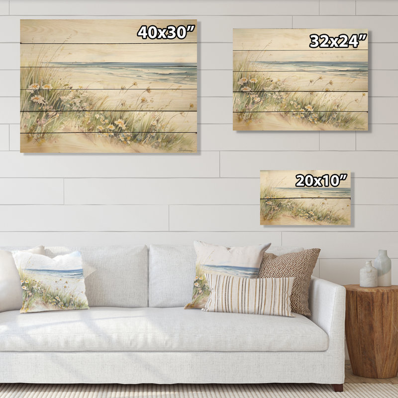 Fleurs sauvages sur la plage - Art mural en bois sur bois de pin naturel, H 10 po x l 20 po