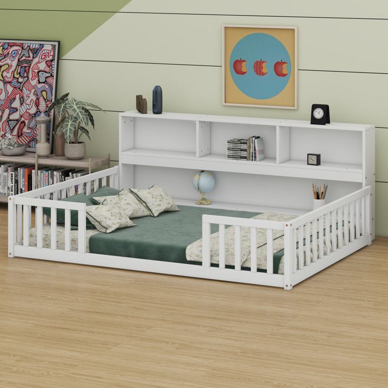 Floor Bed With Side Bookcase,Shelves,Guardrails, White