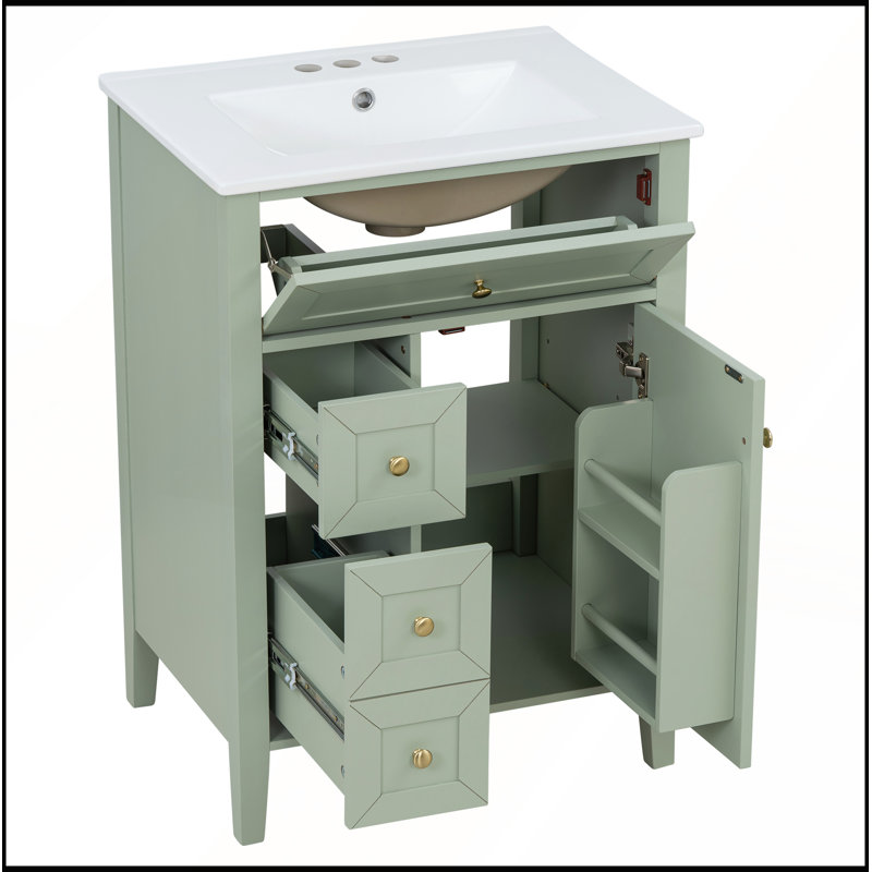 Meuble-lavabo vert clair 24 po avec lavabo en céramique et porte à fermeture en douceur pour un rangement efficace et une conception élégante