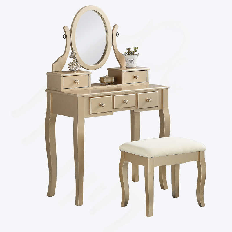 Wood Make-Up Vanity Table And Stool Set, Ashley Wood Makeup Vanity Table And Stool Set, Gold, Gold