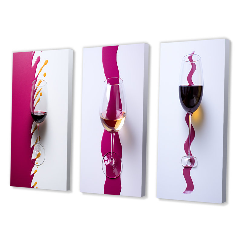 " Red Wine Glass Magenta Presentation " 3 - Pieces, Wrapped Canvas, 20" H x 36" W