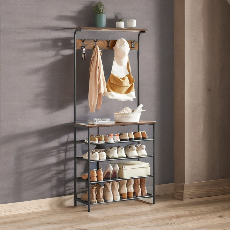 Lundell Hall Tree 80 Wide Shoe Rack with Hooks Industrial Black/Rustic Brown Hallway Furniture
