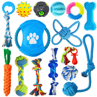 Dog Chew Toy Set – 15/18/19 Pack Variety Bundle with Cotton Rope, Rubber Bones & Fetch Balls, Interactive Tug Toys for Medium Large Dogs, Teething & Dental Care (Multicolor)