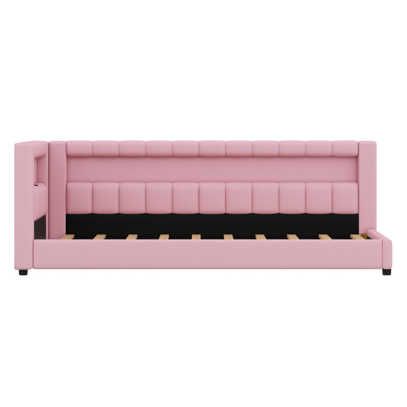 Modern Upholstered Platform Bed with Integrated USB Charging and Ambient LED Strip, Pink