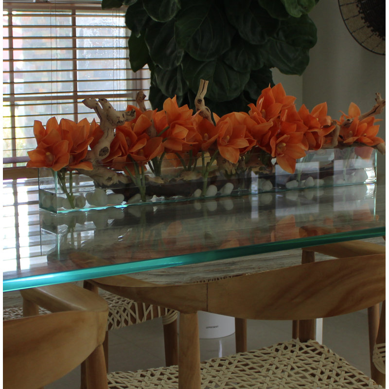 Driftwood Cymbidium Orchids Centerpiece in Glass Planter, 8" H x 24" W x 6" D, Orange