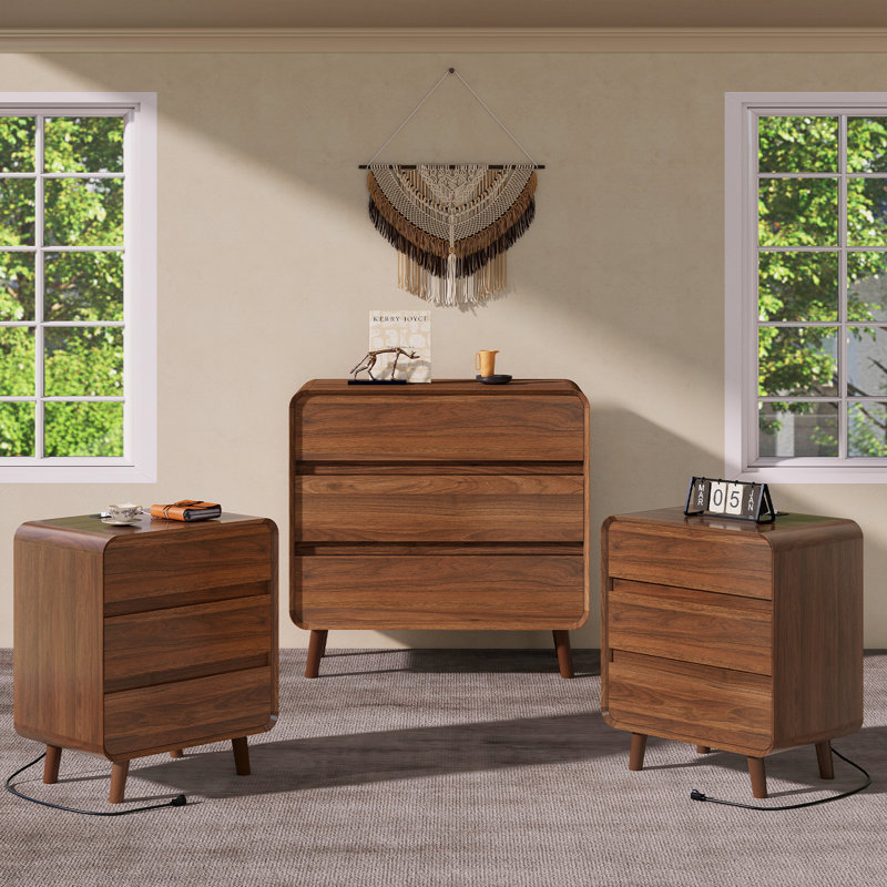 Ensemble de commode et table de chevet en bois de noyer, commode 3 tiroirs pour la chambre à coucher, ensemble de table de chevet de 2, ensemble de chambre classique