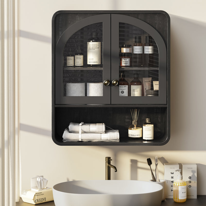 27" H Wall Mounted Bathroom Cabinet, Wooden Medicine Cabinet with Arched Glass Door & Adjustable Shelf, Open Shelf, Hanging Organizer for Living Room, Kitchen, Black