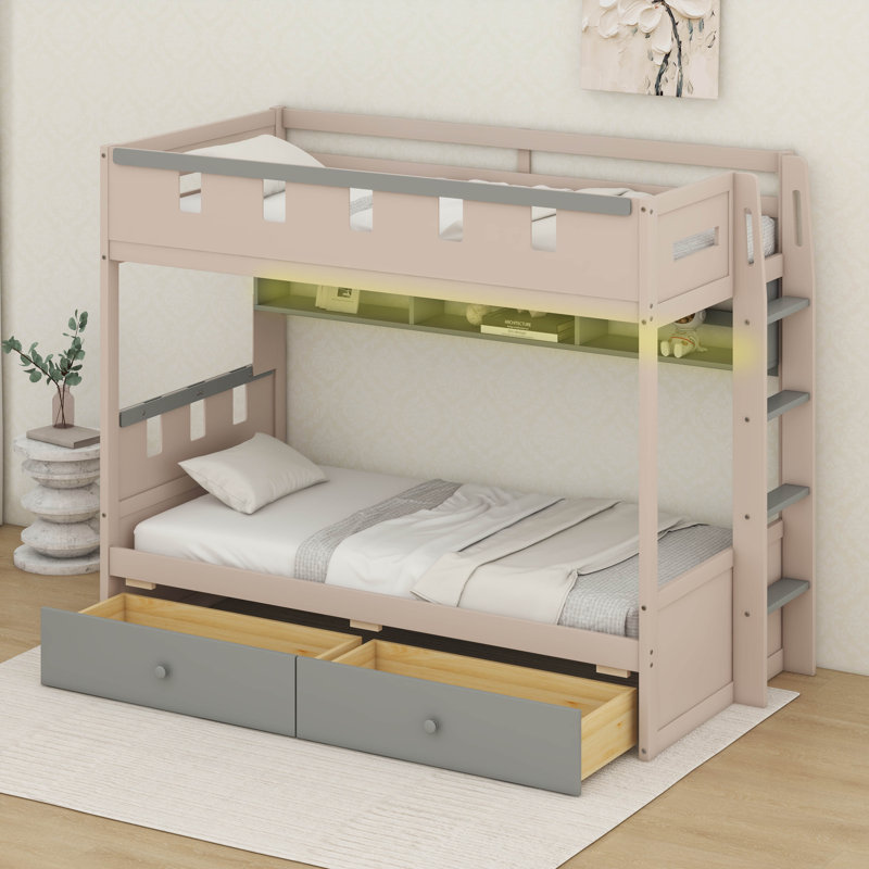 Twin Over Twin Castle Bunk Bed With LED Lights And Storage Drawers, Space-Saving Wooden Bunk Bed Frame With 3-Compartment Shelf & Guardrail, Playhouse Bed