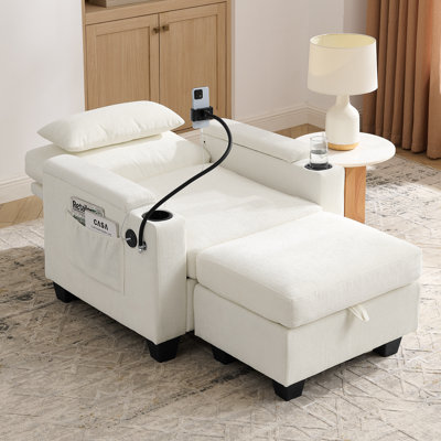 Canapé inclinable simple avec dossier réglable manuellement, port de charge USB, support pour téléphone, rangement à bras caché et repose-pieds de rangement assorti