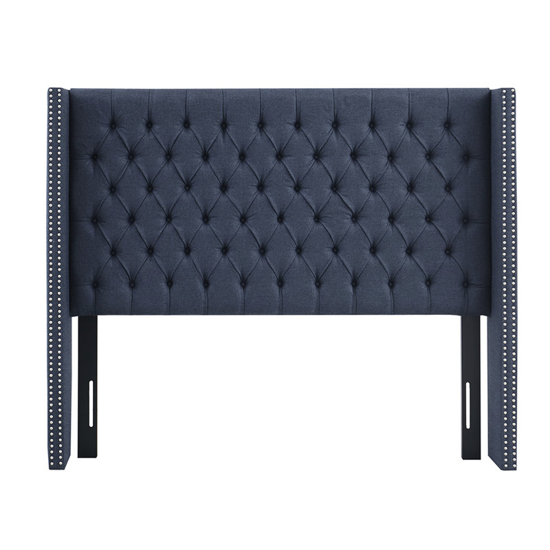 Navy Upholstered Headboard For Queen Bed, Button With Double Nailhead Accents, Adjustable Height Metal Legs Transitional Tufting, Trim, Black Height,