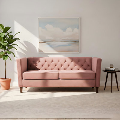 Button Tufted Velvet 3-Seater Sofa with Tapered Wood Legs