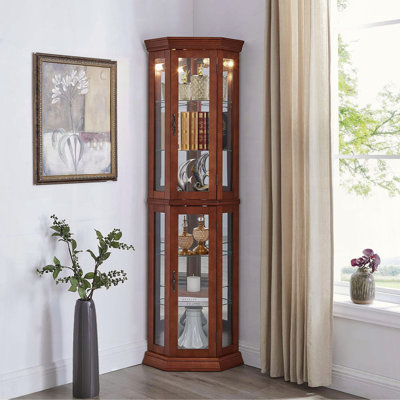 Vitrine de coin avec lumières, tablettes réglables en verre trempé, dossier en miroir et rangement élégant