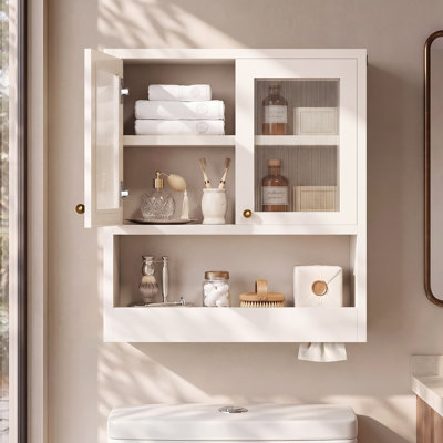 Meuble de rangement mural OMCHOM pour salle de bain avec porte en acrylique cannelé, tablette réglable et porte-serviettes, meuble suspendu gain de place pour petite salle de bain au-dessus des toilettes