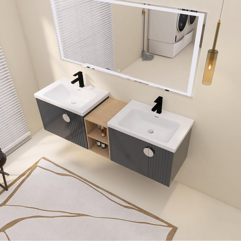 Ensemble de meuble-lavabo mural 68 po, 4 portes flottantes, lavabos en céramique et tablettes de rangement 68 po