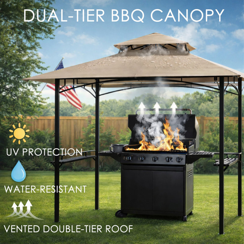Auvent pour barbecue avec abri de jardin 8 pi x 5 pi KOZYARD Andra, toit ventilé à toit souple, structure en acier avec tablettes latérales et crochets à ustensiles, 4 lumières DEL magnétiques détachables, abri de barbecue extérieur