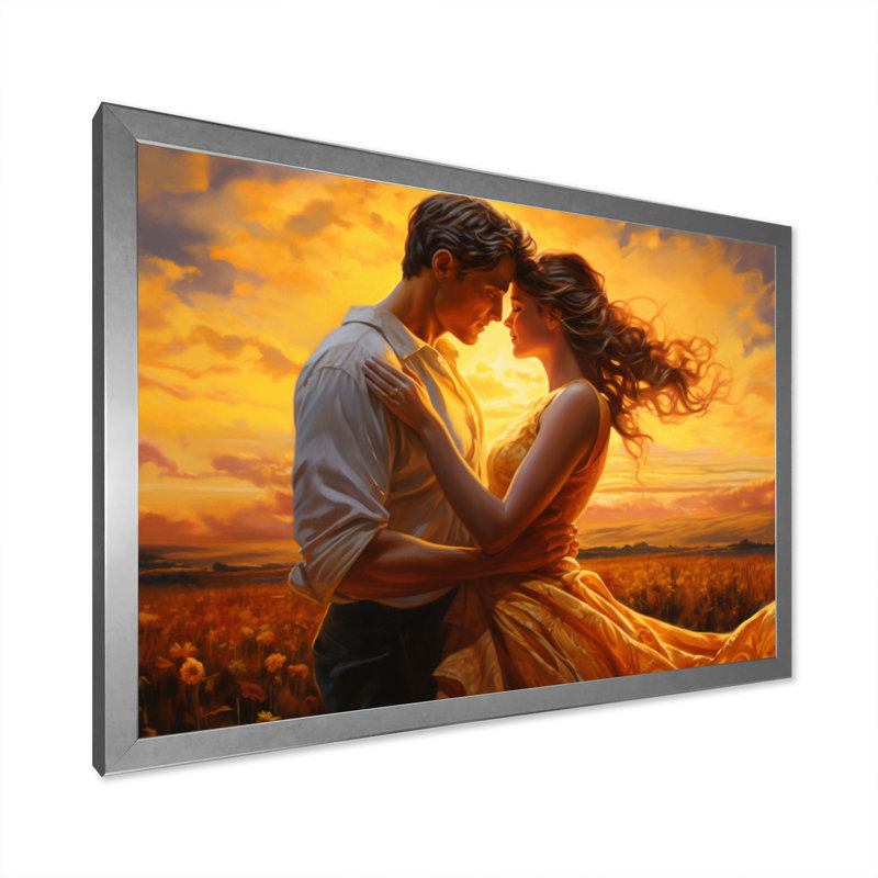 Kayzlyn, Couple romantique, paysage, Étreinte lumineuse II, H 30 po x l 40 po x P 1,5 po, Cadre simple argenté
