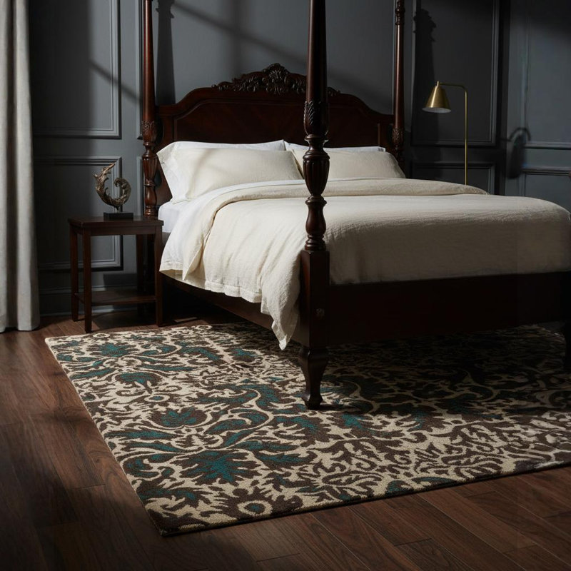 Tapis en laine damassé à motif abstrait brun, crème et bleu sarcelle Jethro, 5 pi x 7 pi 6 po